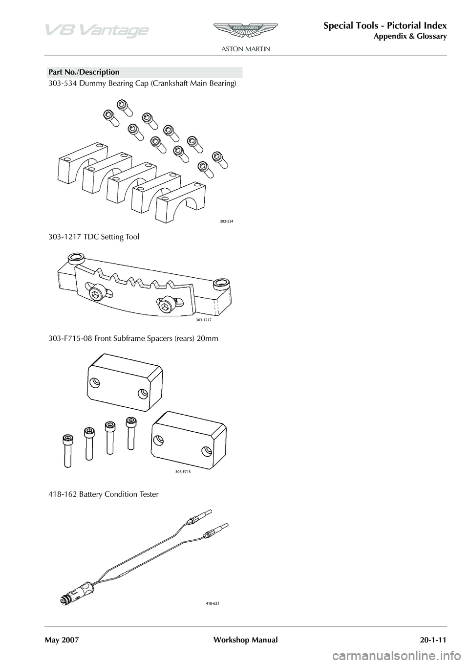 ASTON MARTIN V8 VANTAGE 2010  Workshop Manual Special Tools - Pictorial Index
Appendix & Glossary
May 2007 Workshop Manual 20-1-11
303-534 Dummy Bearing Cap (Crankshaft Main Bearing)
303-1217 TDC Setting Tool
303-F715-08 Front Subframe Spacers (r