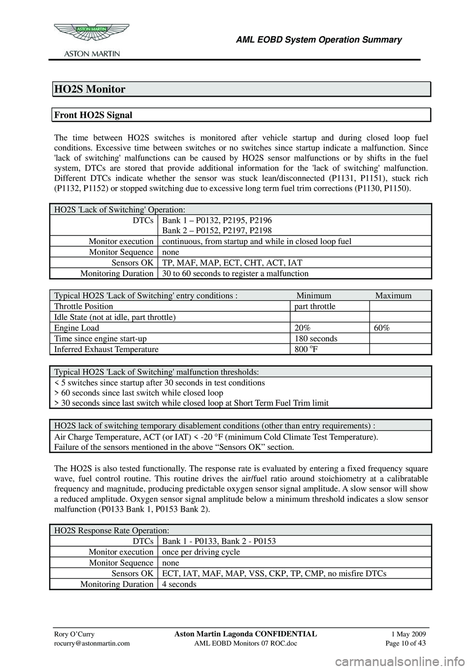 ASTON MARTIN V8 VANTAGE 2010 Workshop Manual
AML EOBD System Operation Summary
Rory O’Curry Aston Martin Lagonda CONFIDENTIAL 1 May 2009
rocurry@astonmartin.com AML EOBD Monitors 07 ROC.doc Page 10 of 43
HO2S Monitor
Front H ASTON MARTIN V8 VANTAGE 2010 Workshop Manual
AML EOBD System Operation Summary
Rory O’Curry Aston Martin Lagonda CONFIDENTIAL 1 May 2009
rocurry@astonmartin.com AML EOBD Monitors 07 ROC.doc Page 10 of 43
HO2S Monitor
Front H
