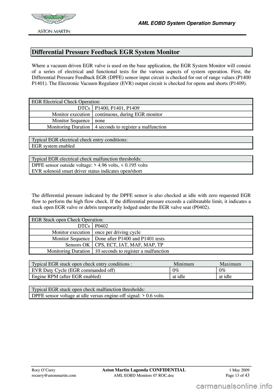 ASTON MARTIN V8 VANTAGE 2010 Workshop Manual
AML EOBD System Operation Summary
Rory O’Curry Aston Martin Lagonda CONFIDENTIAL 1 May 2009
rocurry@astonmartin.com AML EOBD Monitors 07 ROC.doc Page 13 of 43
Differential Pressure F ASTON MARTIN V8 VANTAGE 2010 Workshop Manual
AML EOBD System Operation Summary
Rory O’Curry Aston Martin Lagonda CONFIDENTIAL 1 May 2009
rocurry@astonmartin.com AML EOBD Monitors 07 ROC.doc Page 13 of 43
Differential Pressure F