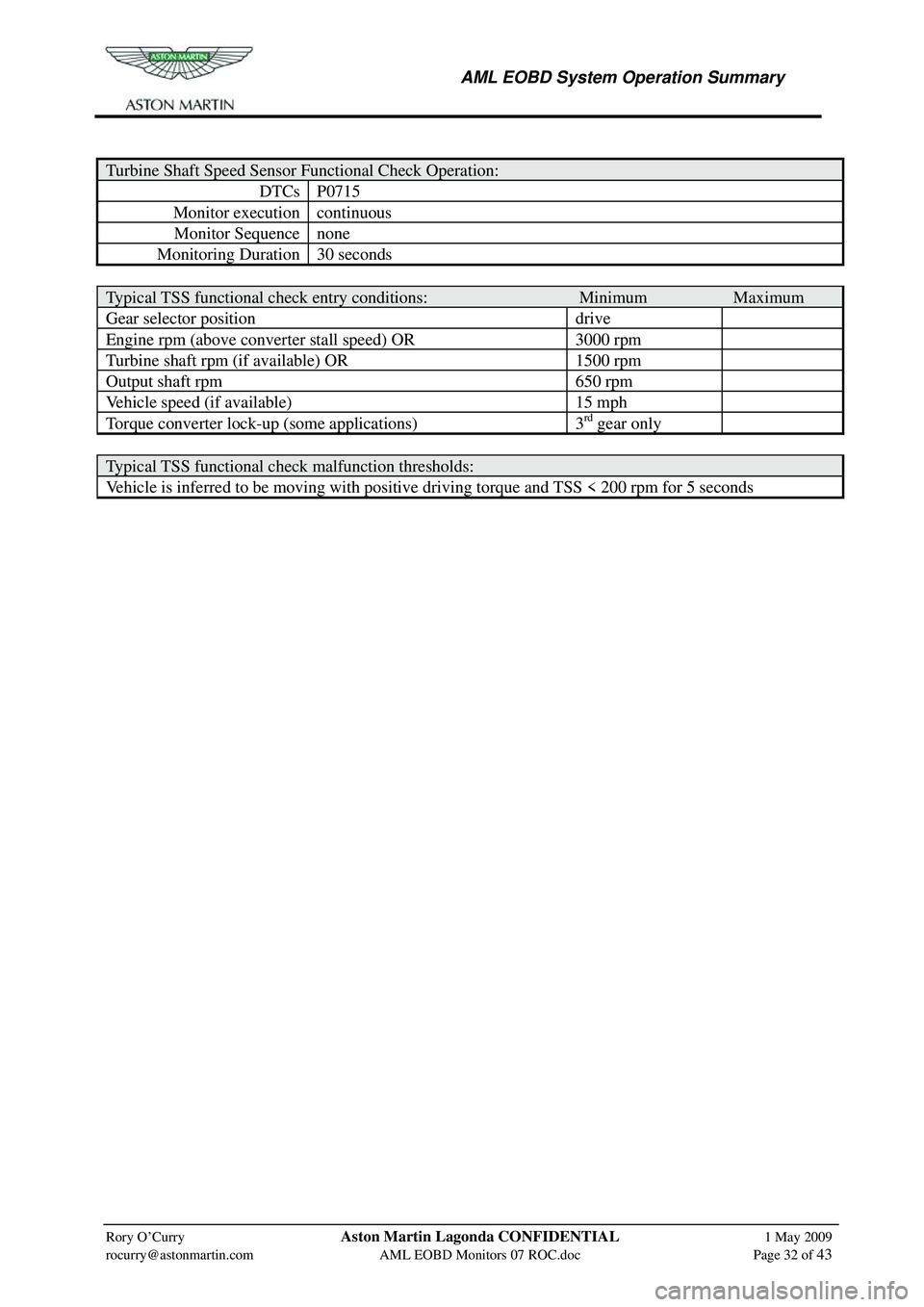 ASTON MARTIN V8 VANTAGE 2010 Workshop Manual
AML EOBD System Operation Summary
Rory O’Curry Aston Martin Lagonda CONFIDENTIAL 1 May 2009
rocurry@astonmartin.com AML EOBD Monitors 07 ROC.doc Page 32 of 43
Turbine Shaft Speed Sen ASTON MARTIN V8 VANTAGE 2010 Workshop Manual
AML EOBD System Operation Summary
Rory O’Curry Aston Martin Lagonda CONFIDENTIAL 1 May 2009
rocurry@astonmartin.com AML EOBD Monitors 07 ROC.doc Page 32 of 43
Turbine Shaft Speed Sen