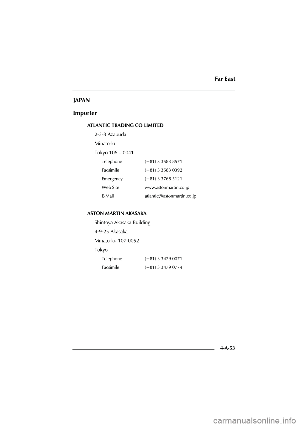 ASTON MARTIN DB AR1 Q 2003  Owners Guide 4-A-53
JAPAN
Importer
ATLANTIC TRADING CO LIMITED
2-3-3 Azabudai
Minato-ku
Tokyo 106 – 0041
Telephone (+81) 3 3583 8571
Facsimile (+81) 3 3583 0392
Emergency (+81) 3 3768 5121
Web Site www.astonmart