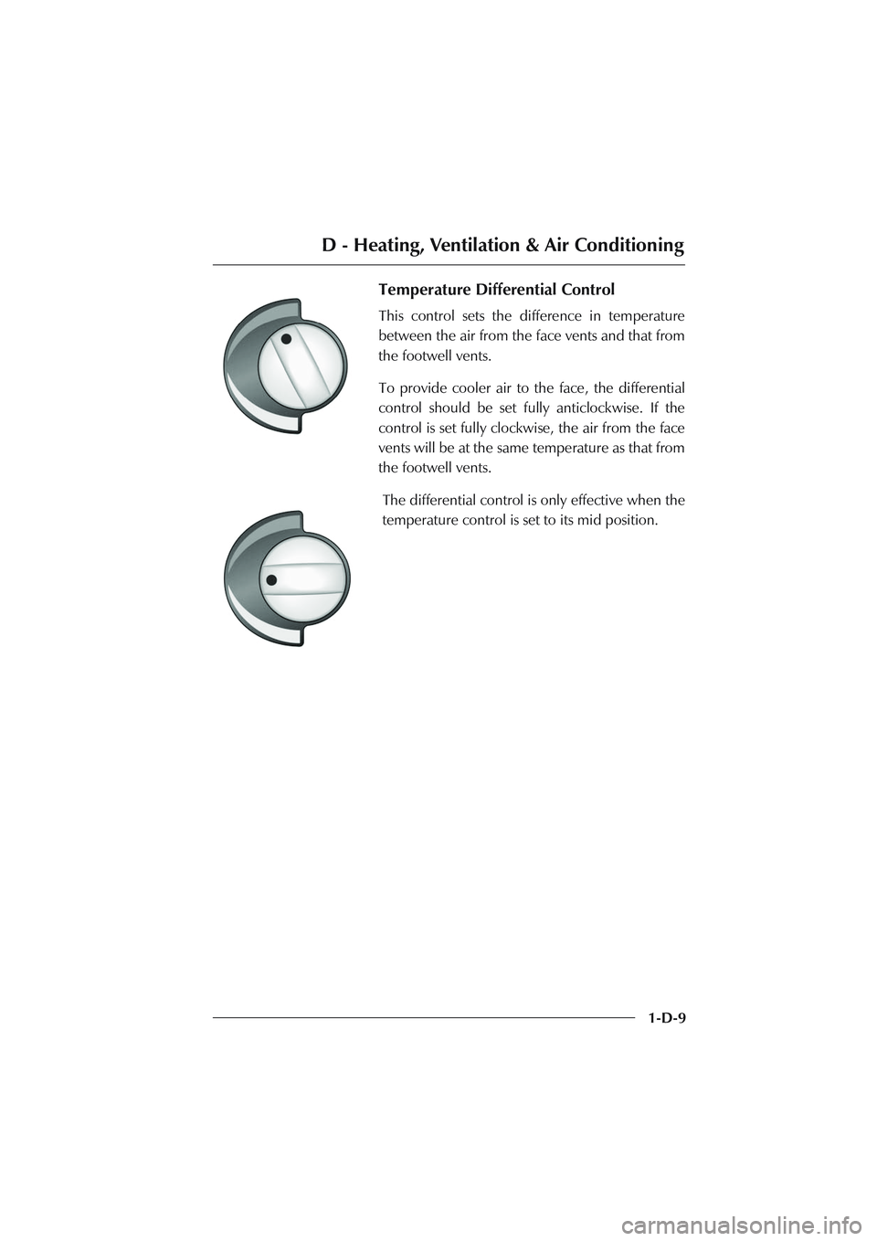 ASTON MARTIN DB AR1 Q 2003 Owners Guide D - Heating, Ventilation & Air Conditioning
1-D-9
Temperature Differential Control
This control sets the difference in temperature
between the air from the face vents and that from
the footwell vents. ASTON MARTIN DB AR1 Q 2003 Owners Guide D - Heating, Ventilation & Air Conditioning
1-D-9
Temperature Differential Control
This control sets the difference in temperature
between the air from the face vents and that from
the footwell vents.