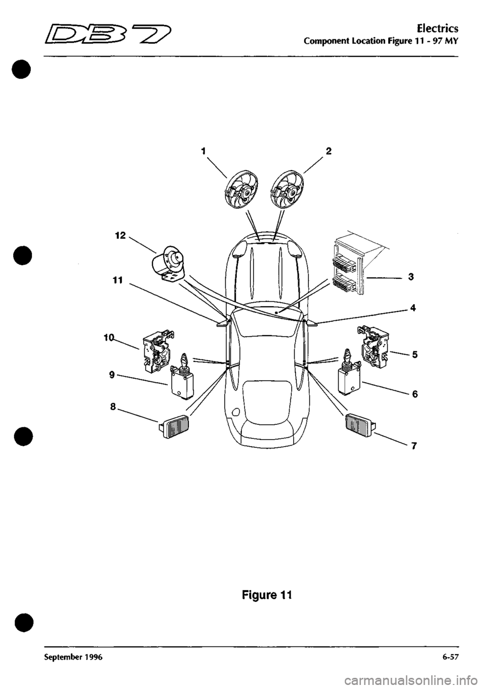 ASTON MARTIN DB7 1997 Workshop Manual
D^s:^^?
Electrics
Component Location Figure 11 - 97 MY
Figure 11
September 1996 6-57 ASTON MARTIN DB7 1997 Workshop Manual
D^s:^^?
Electrics
Component Location Figure 11 - 97 MY
Figure 11
September 1996 6-57