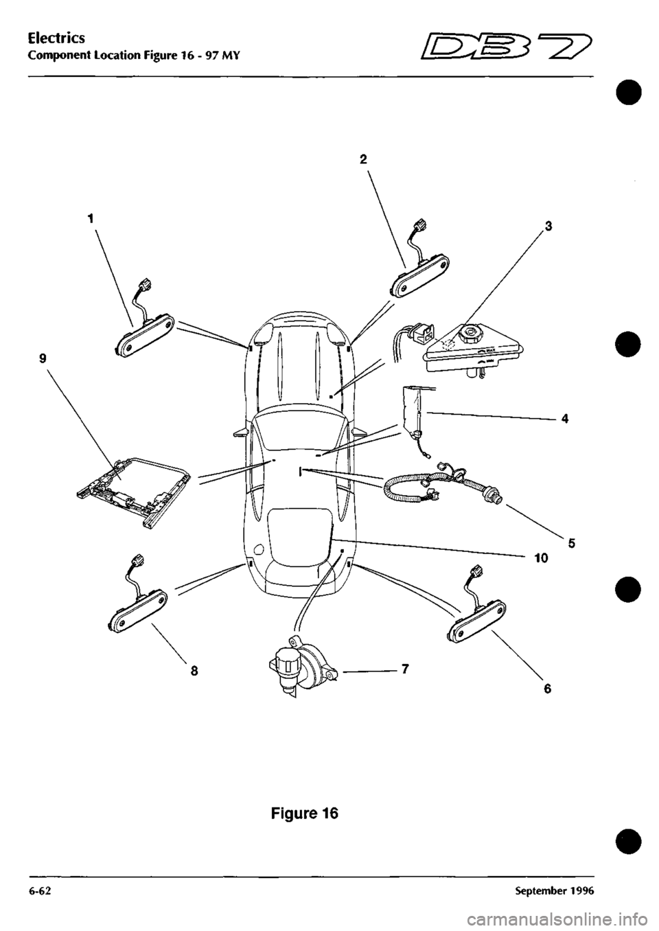 ASTON MARTIN DB7 1997 Workshop Manual
Electrics
Component Location Figure 16-97 MY Em^^^?
Figure 16
6-62 September 1996 ASTON MARTIN DB7 1997 Workshop Manual
Electrics
Component Location Figure 16-97 MY Em^^^?
Figure 16
6-62 September 1996