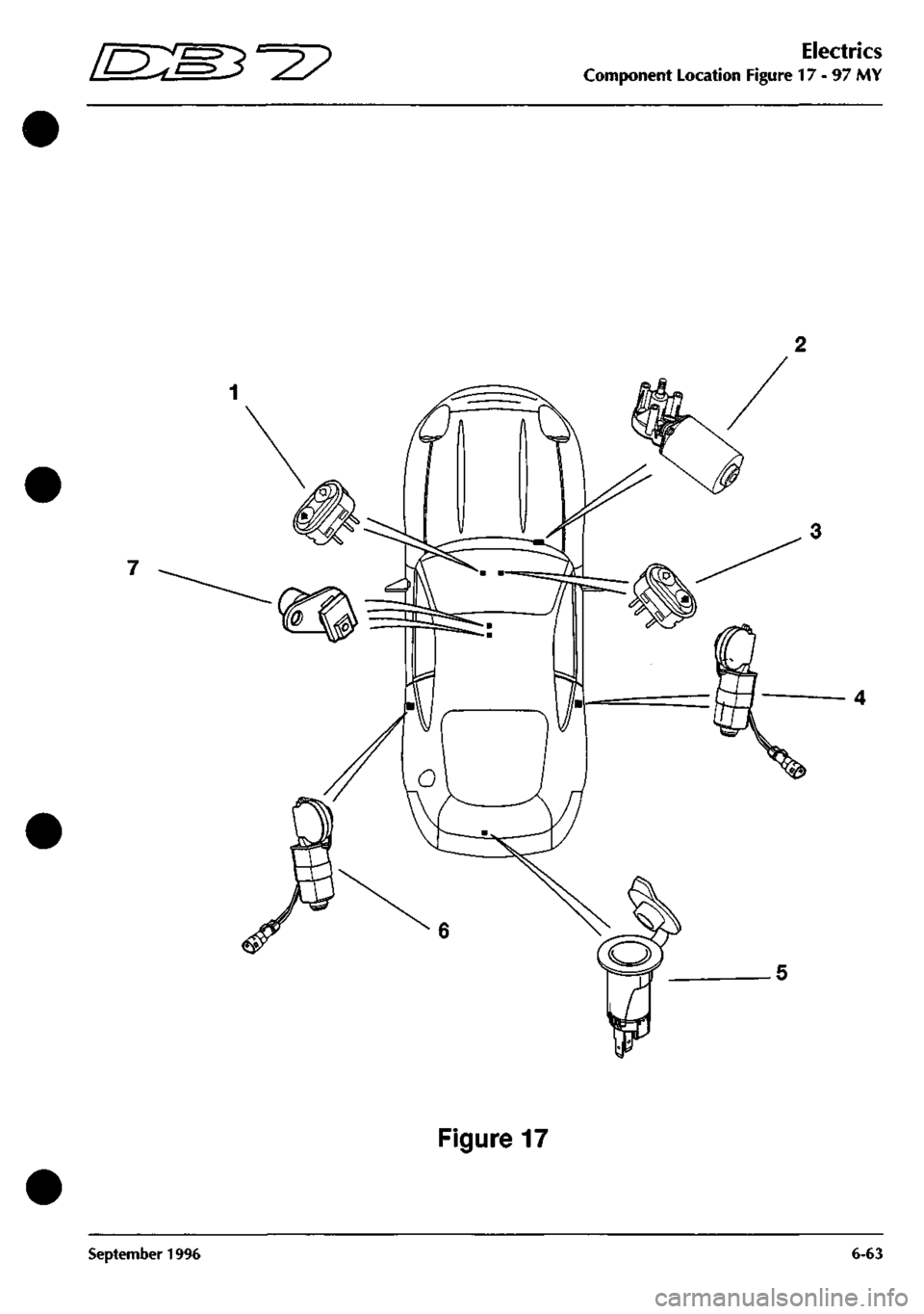 ASTON MARTIN DB7 1997 Workshop Manual
ES^^I?
Electrics
Component Location Figure 17 - 97 MY
Figure 17
September 1996 6-63 ASTON MARTIN DB7 1997 Workshop Manual
ES^^I?
Electrics
Component Location Figure 17 - 97 MY
Figure 17
September 1996 6-63