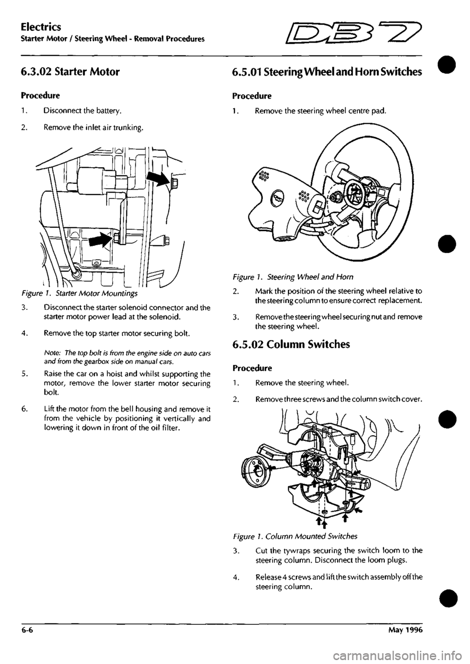 ASTON MARTIN DB7 1997  Workshop Manual 
Electrics 
Starter Motor / Steering Wheel - Removal Procedures ^n:M3^^2? 
6.3.02 Starter Motor 
Procedure 

1.
 Disconnect the battery. 

2.
 Remove the inlet air trunkins 
Figure 1. Starter Motor Mo