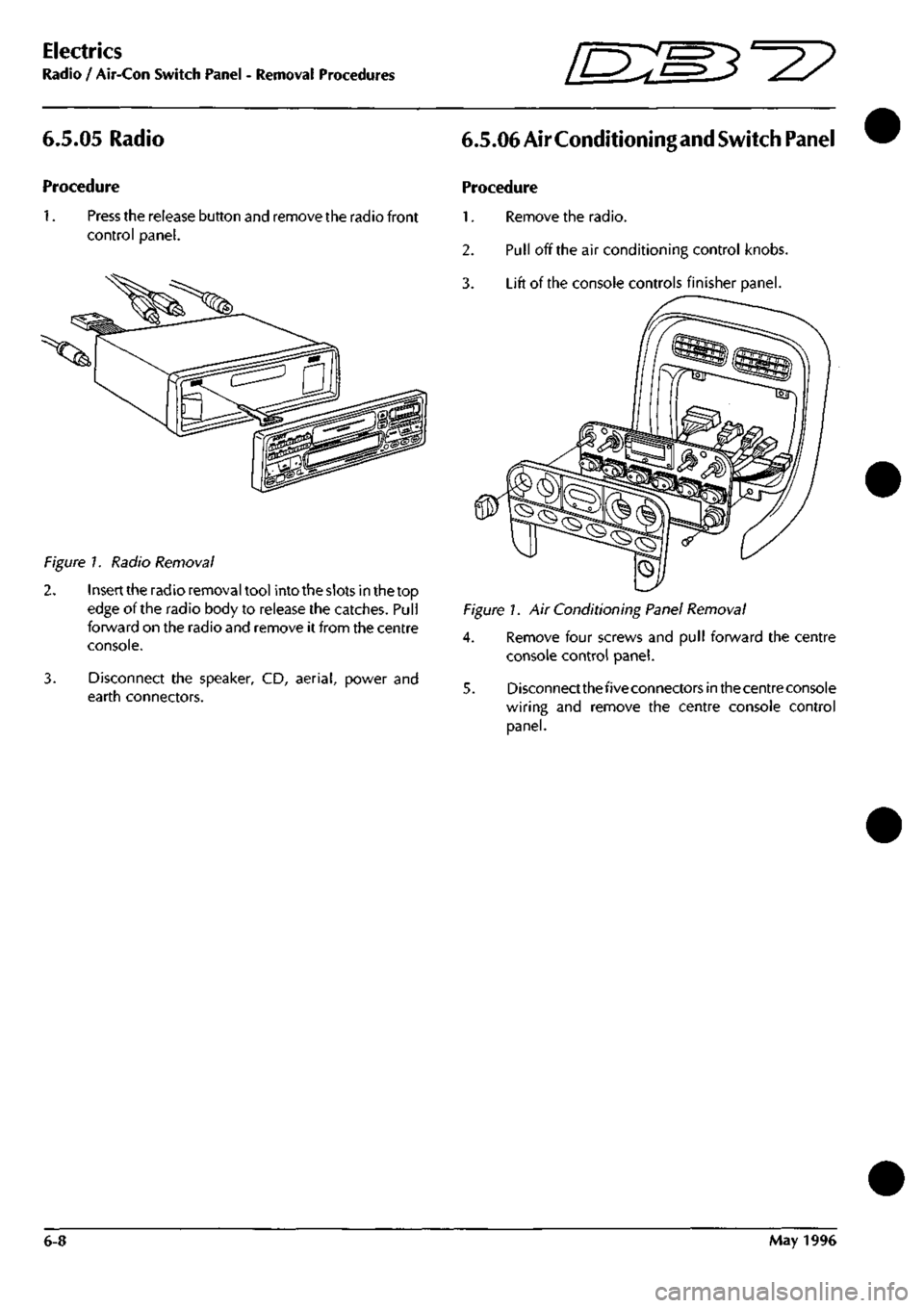 ASTON MARTIN DB7 1997 User Guide 
Electrics 
Radio / Air-Con Switch Panel - Removal Procedures [D:m3^^2? 
6.5.05 Radio 
Procedure 

1.
 Press the release button and remove the radio front 
control panel. 

Figure
 /. Radio Removal 

