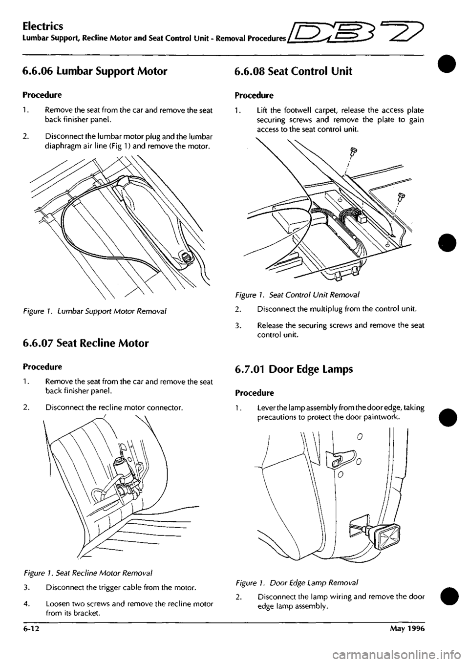 ASTON MARTIN DB7 1997 User Guide 
Electrics 
Lumbar Support, Recline Motor and Seat Control Unit - Removal Procedures 
6.6.06 Lumbar Support Motor 
Procedure 

1.
 Remove the seat from the car and remove the seat 
back finisher panel