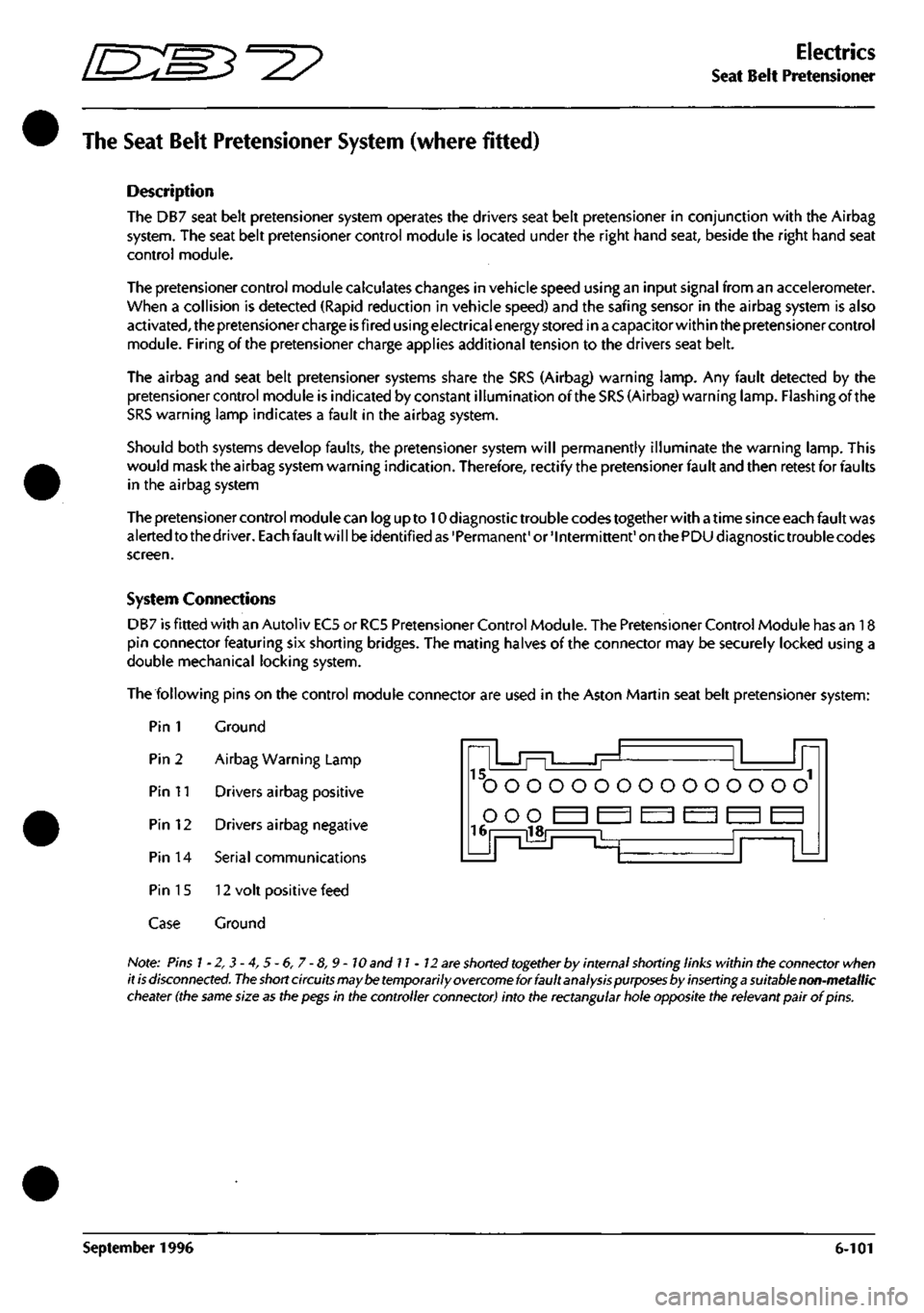 ASTON MARTIN DB7 1997  Workshop Manual 
5^^? 
Electrics 
Seat Belt Pretensioner 
The Seat Belt Pretensioner System (where fitted) 
Description 
The DB7 seat belt pretensioner system operates the drivers seat belt pretensioner in conjunctio