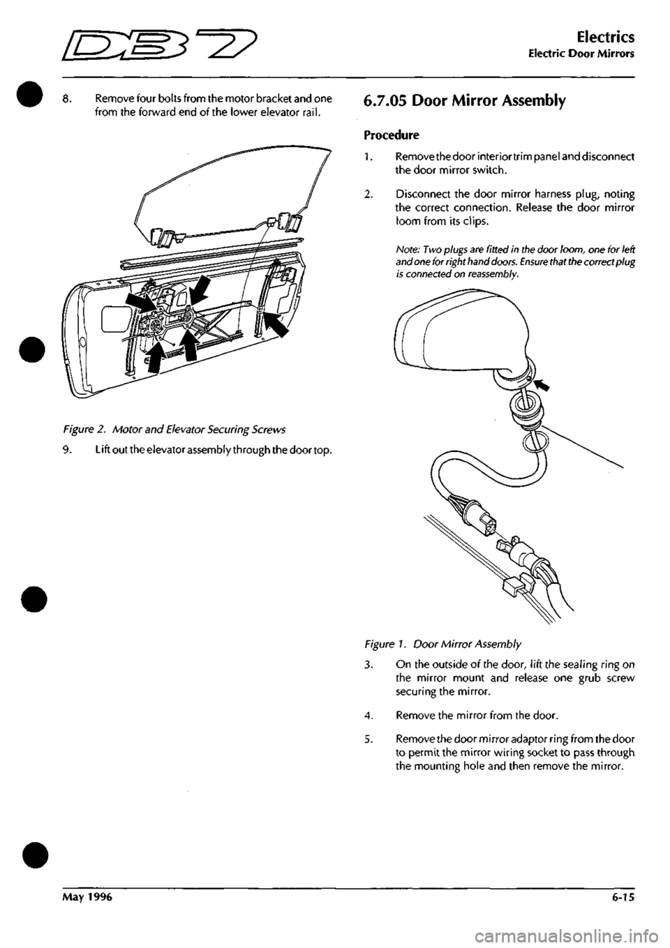 ASTON MARTIN DB7 1997 Owners Manual 
in:s^^^ 
Electrics 
Electric Door Mirrors 
Remove four bolts from the motor bracket and one 
from the forward end of the lower elevator
 rail. 

Figure 2. Motor and Elevator Securing Screws 
9. Lift 