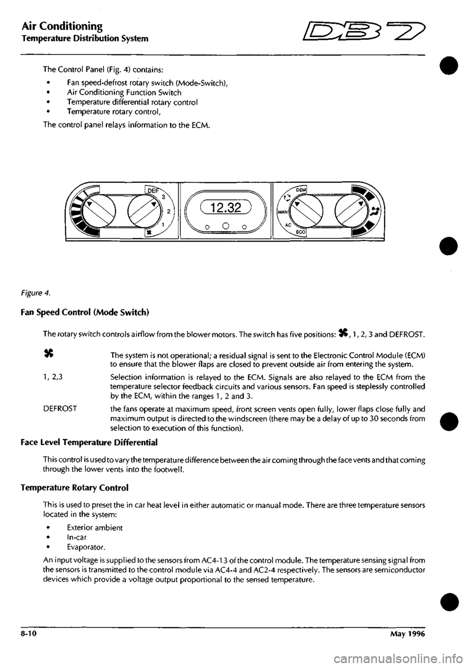 ASTON MARTIN DB7 1997 Workshop Manual
Air Conditioning
Temperature Distribution System
The Control Panel (Fig. 4) contains:
• Fan speed-defrost rotary switch (Mode-Switch),
• Air Conditioning Function Switch
• Temperature diff ASTON MARTIN DB7 1997 Workshop Manual
Air Conditioning
Temperature Distribution System
The Control Panel (Fig. 4) contains:
• Fan speed-defrost rotary switch (Mode-Switch),
• Air Conditioning Function Switch
• Temperature diff