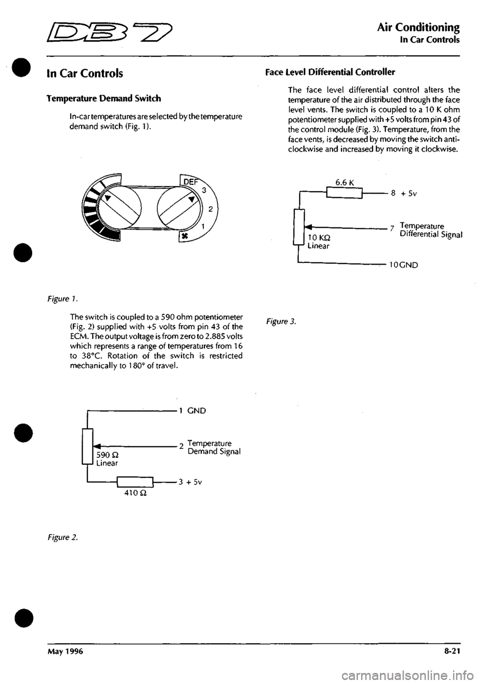 ASTON MARTIN DB7 1997 Workshop Manual
^n:m^^^
Air Conditioning
In Car Controls
In Car Controls
Temperature Demand Switch
In-cartemperatu
res are selected by
the temperature
demand switch (Fig. 1).
Face Level Differential Contro ASTON MARTIN DB7 1997 Workshop Manual
^n:m^^^
Air Conditioning
In Car Controls
In Car Controls
Temperature Demand Switch
In-cartemperatu
res are selected by
the temperature
demand switch (Fig. 1).
Face Level Differential Contro