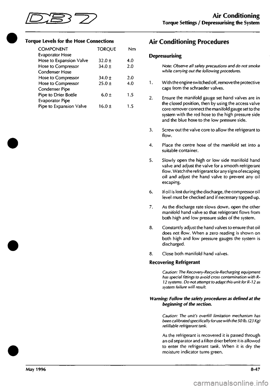 ASTON MARTIN DB7 1997  Workshop Manual 
^? 
Air Conditioning 
Torque Settings / Depressurising the System 
Torque Levels for the Hose Connections 
COMPONENT TORQUE Nm 
Evaporator Hose 
Hose to Expansion Valve 32.0 ± 4.0 
Hose to Compresso