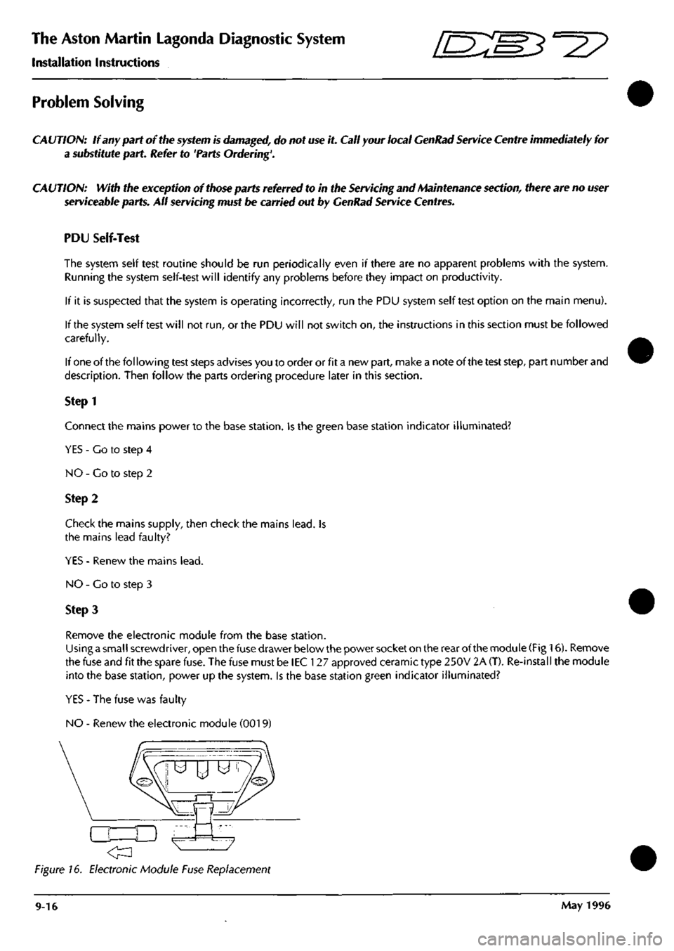 ASTON MARTIN DB7 1997  Workshop Manual 
The Aston Martin Lagonda Diagnostic System 
Installation Instructions ^7 
Problem Solving 
CAUTION: If any part of the
 system
 is damaged, do not use it. Call your local GenRad Service Centre immedi