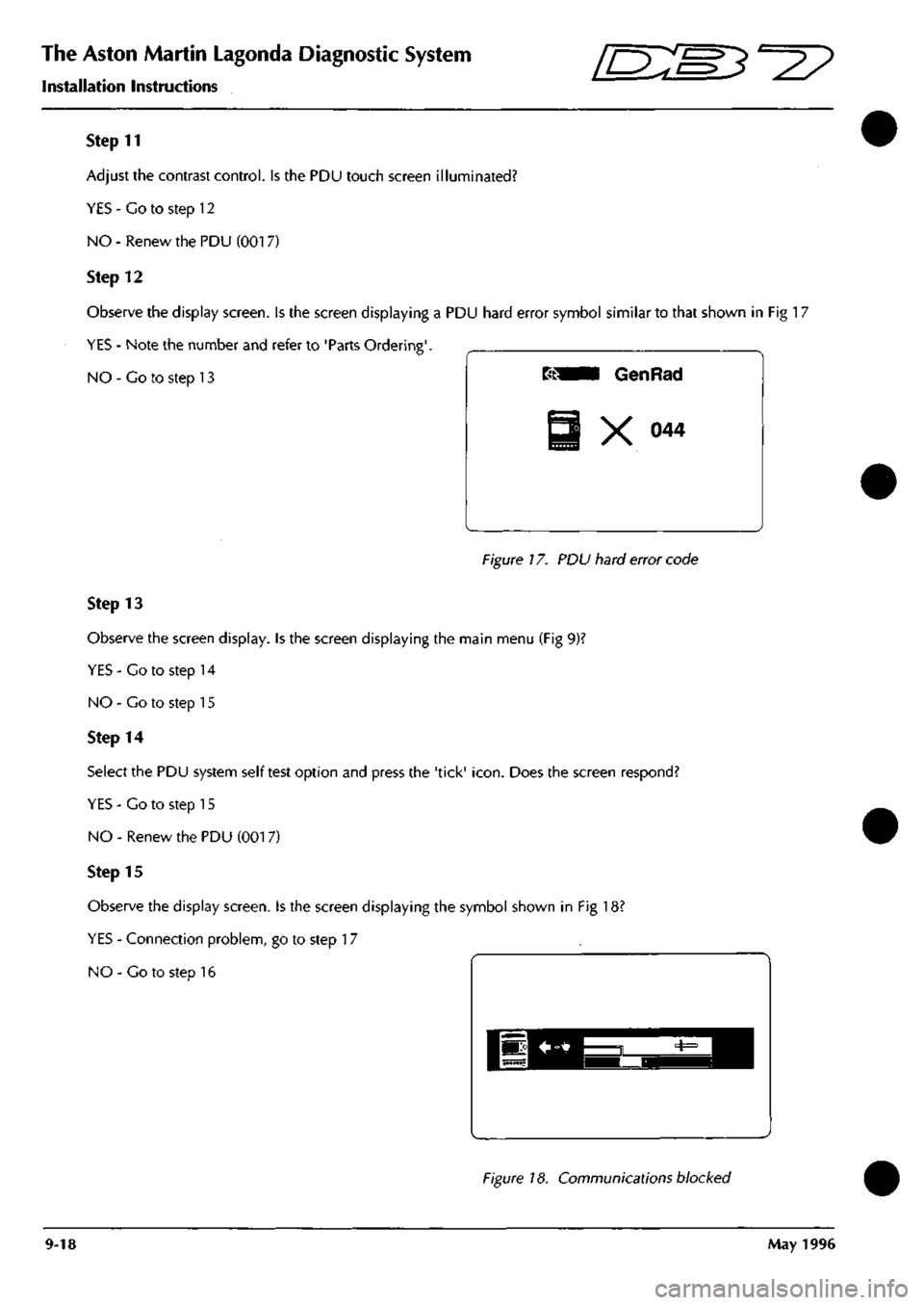 ASTON MARTIN DB7 1997  Workshop Manual 
The Aston Martin Lagonda Diagnostic System 
Installation Instructions -=2? 
Step 11 
Adjust the contrast control. Is the PDU touch screen illuminated? 
YES - Co to step 12 
NO - Renew the PDU (0017) 