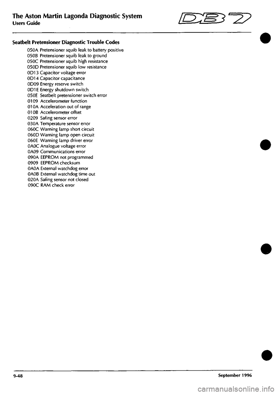ASTON MARTIN DB7 1997 Workshop Manual
The Aston Martin Lagonda Diagnostic System
Users Guide ^?
Seatbelt Pretensioner Diagnostic Trouble Codes
050A Pretensioner squib leak to battery positive
050B Pretensioner squib leak to ground
0 ASTON MARTIN DB7 1997 Workshop Manual
The Aston Martin Lagonda Diagnostic System
Users Guide ^?
Seatbelt Pretensioner Diagnostic Trouble Codes
050A Pretensioner squib leak to battery positive
050B Pretensioner squib leak to ground
0