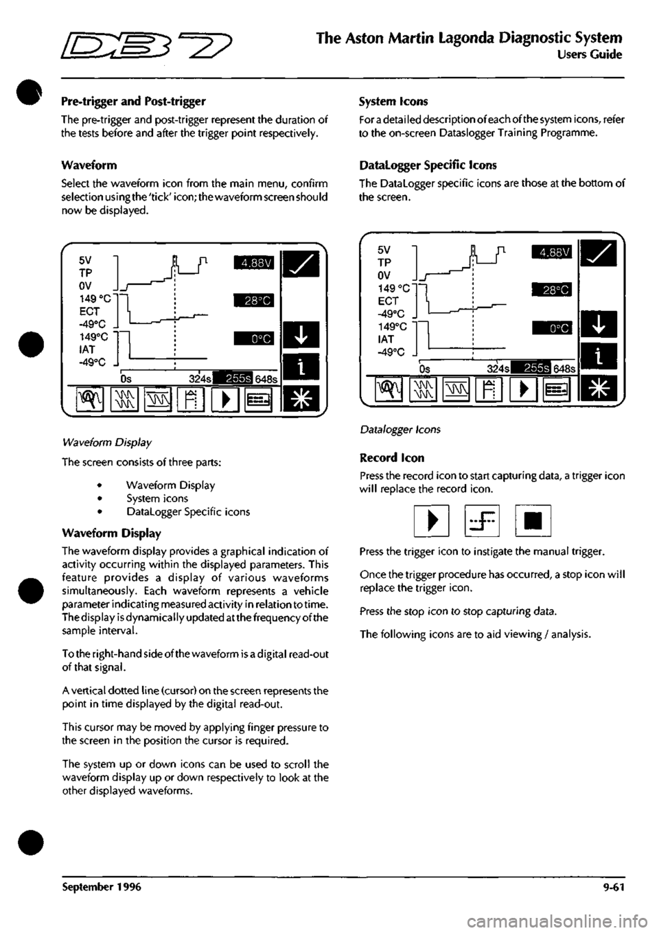ASTON MARTIN DB7 1997 Owners Manual
•
^m:E3^^?
The Aston Martin Lagonda Diagnostic System
Users Guide
Pre-trigger and Post-trigger
The pre-trigger and post-trigger represent the duration of
the tests before and after the trigge ASTON MARTIN DB7 1997 Owners Manual
•
^m:E3^^?
The Aston Martin Lagonda Diagnostic System
Users Guide
Pre-trigger and Post-trigger
The pre-trigger and post-trigger represent the duration of
the tests before and after the trigge