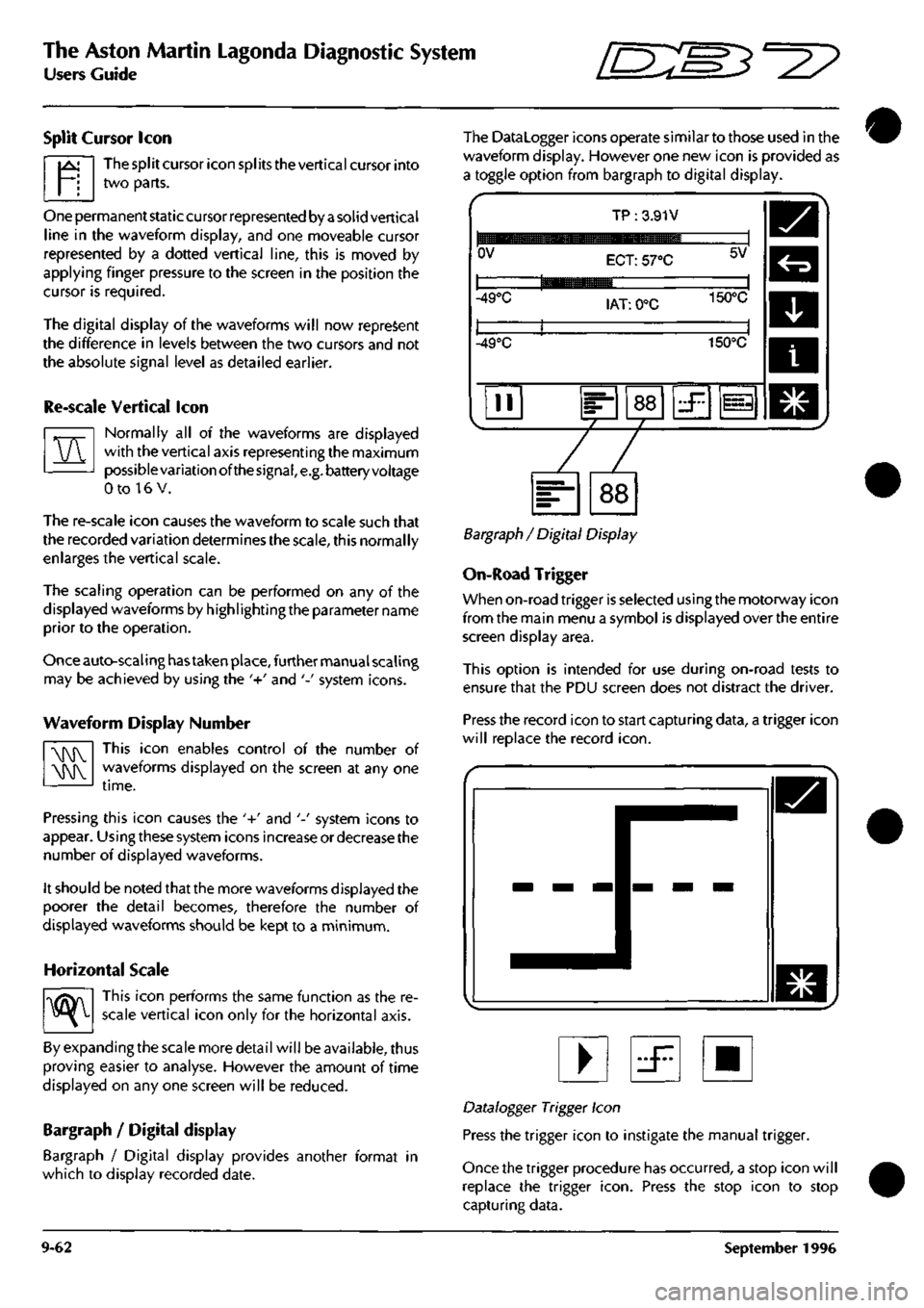 ASTON MARTIN DB7 1997 Owners Manual
The Aston Martin Lagonda Diagnostic System
Users Guide ^2?
Split Cursor Icon
The split cursor icon spl its the vertical cursor into
two parts.
1^
VV
One permanent static cursor represented b ASTON MARTIN DB7 1997 Owners Manual
The Aston Martin Lagonda Diagnostic System
Users Guide ^2?
Split Cursor Icon
The split cursor icon spl its the vertical cursor into
two parts.
1^
VV
One permanent static cursor represented b