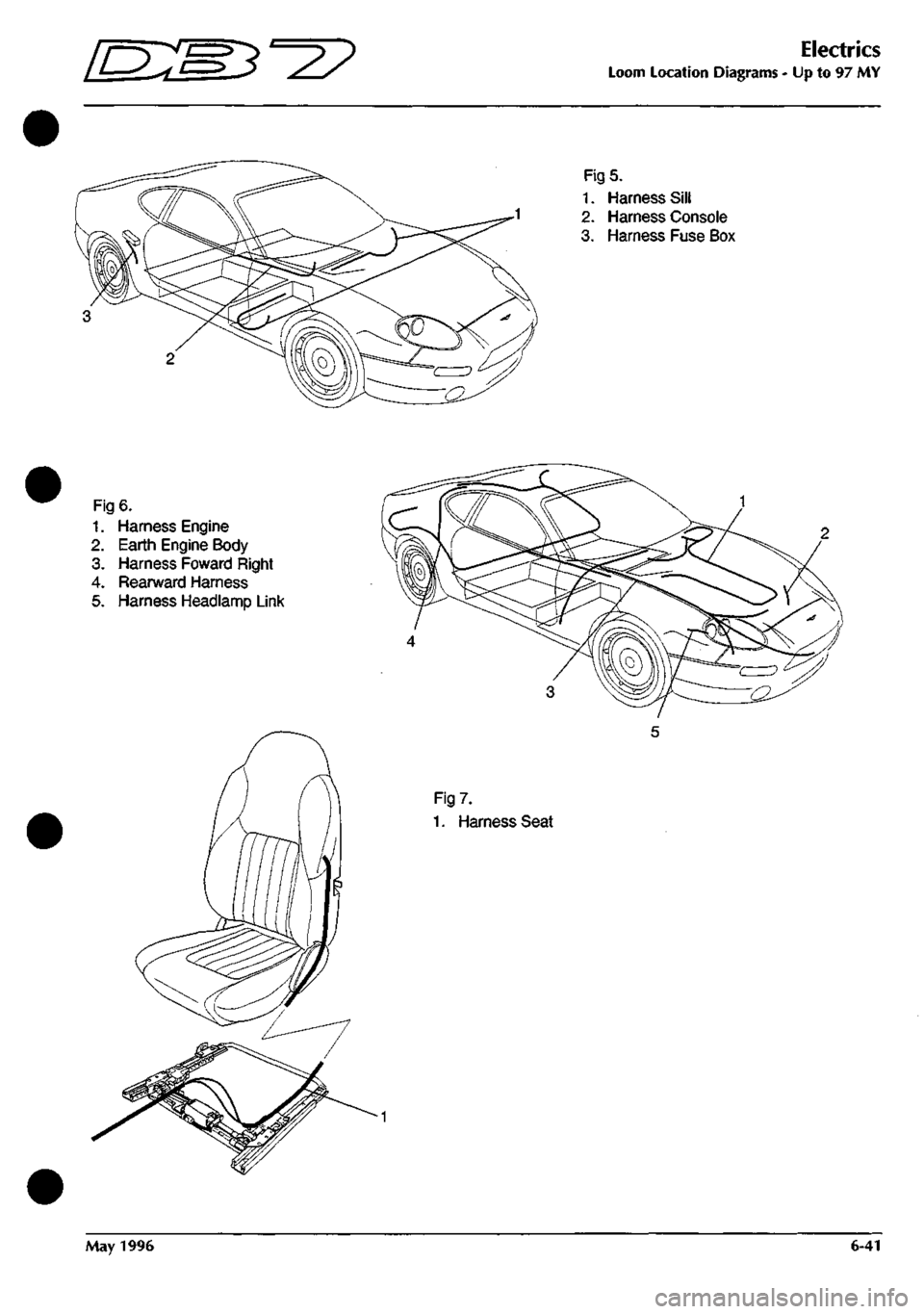 ASTON MARTIN DB7 1997 Service Manual 
Electrics 
Loom Location Diagrams - Up to 97 MY 
Fig 5. 

1.
 Harness Sill 

2.
 Harness Console 
3. Harness Fuse Box 
Fig 6. 

1.
 Harness Engine 

2.
 Earth Engine Body 
3. Harness Foward Right 

4