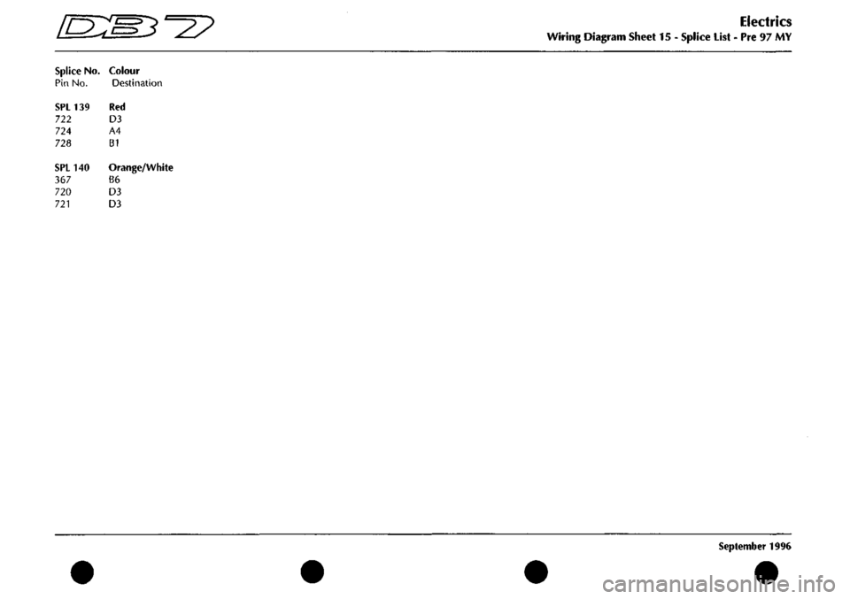 ASTON MARTIN DB7 1997 Manual PDF 
^^? 
Splice No. Colour 
Pin No. Destination 
SPL139 
722 
724 
728 
Red 
D3 
A4 
B1 
SPL140 
367 
720 
721 
Orange/White 
B6 
D3 
D3 
Electrics 
Wiring Diagram Sheet 15 - Splice List - Pre 97 MY 
Sep