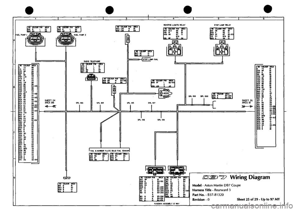 ASTON MARTIN DB7 1997  Workshop Manual 
NO COLOUR PIN 1881 B I m vi i 
REVERSE LIGHTS RELAY STOP LAMP RELAY 
KO COLOUn 497 SLG 491 W 900 GN 
901 NP 
PIK 85 88 87 e7A 
-iS-

AREA Bl Bl CI 

-Id-.. 

NO COLOUR PIN 901 GB 85 90Z G 8G 903 GP 8