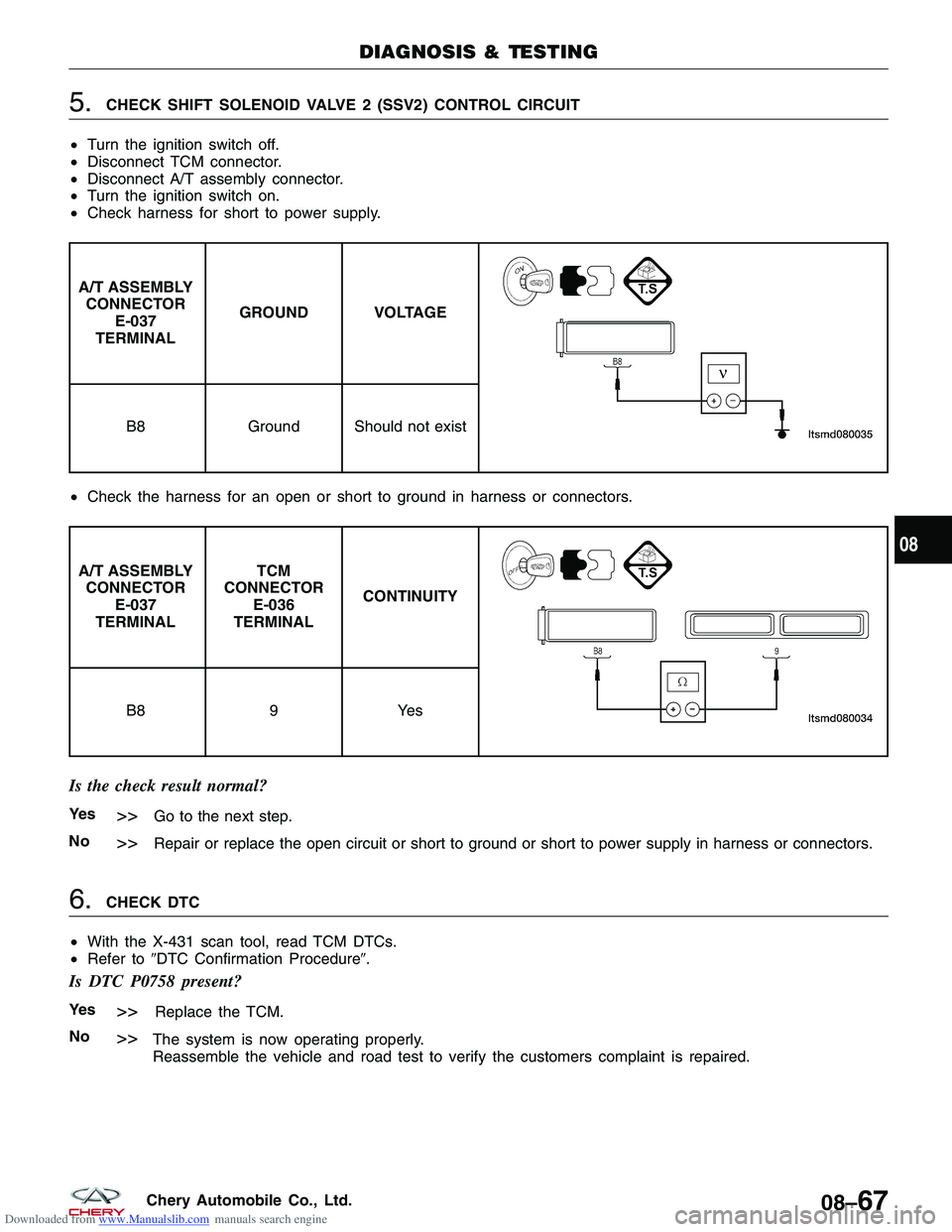 CHERY TIGGO 2009 Service Repair Manual Downloaded from www.Manualslib.com manuals search engine 5.CHECK SHIFT SOLENOID VALVE 2 (SSV2) CONTROL CIRCUIT
• Turn the ignition switch off.
• Disconnect TCM connector.
• Disconnect A/T assemb CHERY TIGGO 2009 Service Repair Manual Downloaded from www.Manualslib.com manuals search engine 5.CHECK SHIFT SOLENOID VALVE 2 (SSV2) CONTROL CIRCUIT
• Turn the ignition switch off.
• Disconnect TCM connector.
• Disconnect A/T assemb
