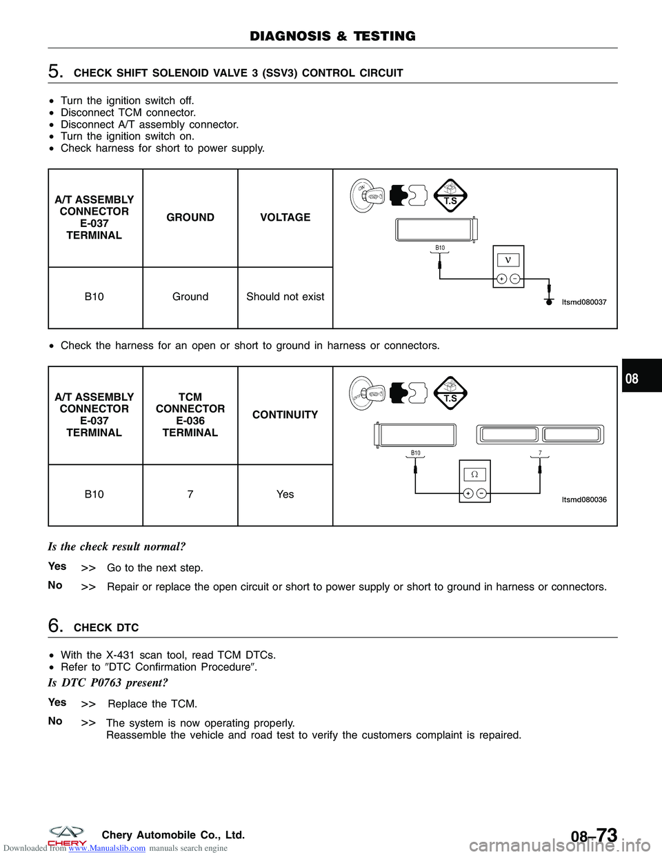CHERY TIGGO 2009 Service Repair Manual Downloaded from www.Manualslib.com manuals search engine 5.CHECK SHIFT SOLENOID VALVE 3 (SSV3) CONTROL CIRCUIT
• Turn the ignition switch off.
• Disconnect TCM connector.
• Disconnect A/T assemb CHERY TIGGO 2009 Service Repair Manual Downloaded from www.Manualslib.com manuals search engine 5.CHECK SHIFT SOLENOID VALVE 3 (SSV3) CONTROL CIRCUIT
• Turn the ignition switch off.
• Disconnect TCM connector.
• Disconnect A/T assemb