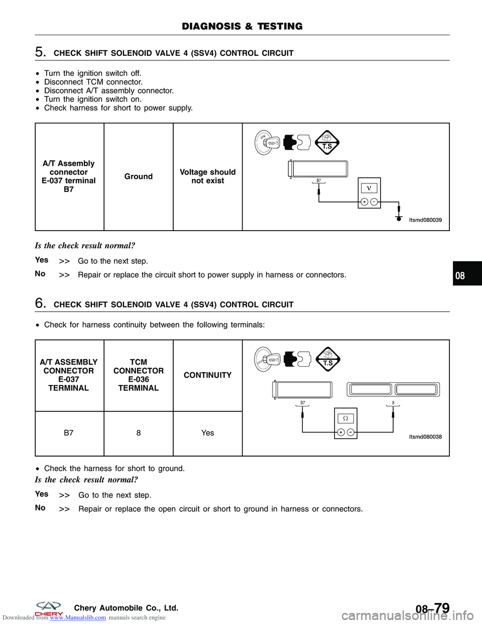 CHERY TIGGO 2009  Service Repair Manual Downloaded from www.Manualslib.com manuals search engine 5.CHECK SHIFT SOLENOID VALVE 4 (SSV4) CONTROL CIRCUIT
• Turn the ignition switch off.
• Disconnect TCM connector.
• Disconnect A/T assemb