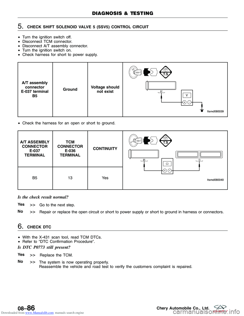 CHERY TIGGO 2009  Service Repair Manual Downloaded from www.Manualslib.com manuals search engine 5.CHECK SHIFT SOLENOID VALVE 5 (SSV5) CONTROL CIRCUIT
• Turn the ignition switch off.
• Disconnect TCM connector.
• Disconnect A/T assemb