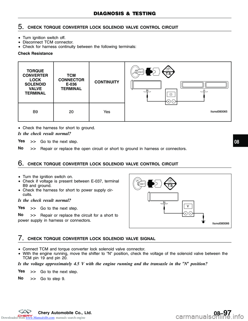 CHERY TIGGO 2009 Service Repair Manual Downloaded from www.Manualslib.com manuals search engine 5.CHECK TORQUE CONVERTER LOCK SOLENOID VALVE CONTROL CIRCUIT
• Turn ignition switch off.
• Disconnect TCM connector.
• Check for harness CHERY TIGGO 2009 Service Repair Manual Downloaded from www.Manualslib.com manuals search engine 5.CHECK TORQUE CONVERTER LOCK SOLENOID VALVE CONTROL CIRCUIT
• Turn ignition switch off.
• Disconnect TCM connector.
• Check for harness