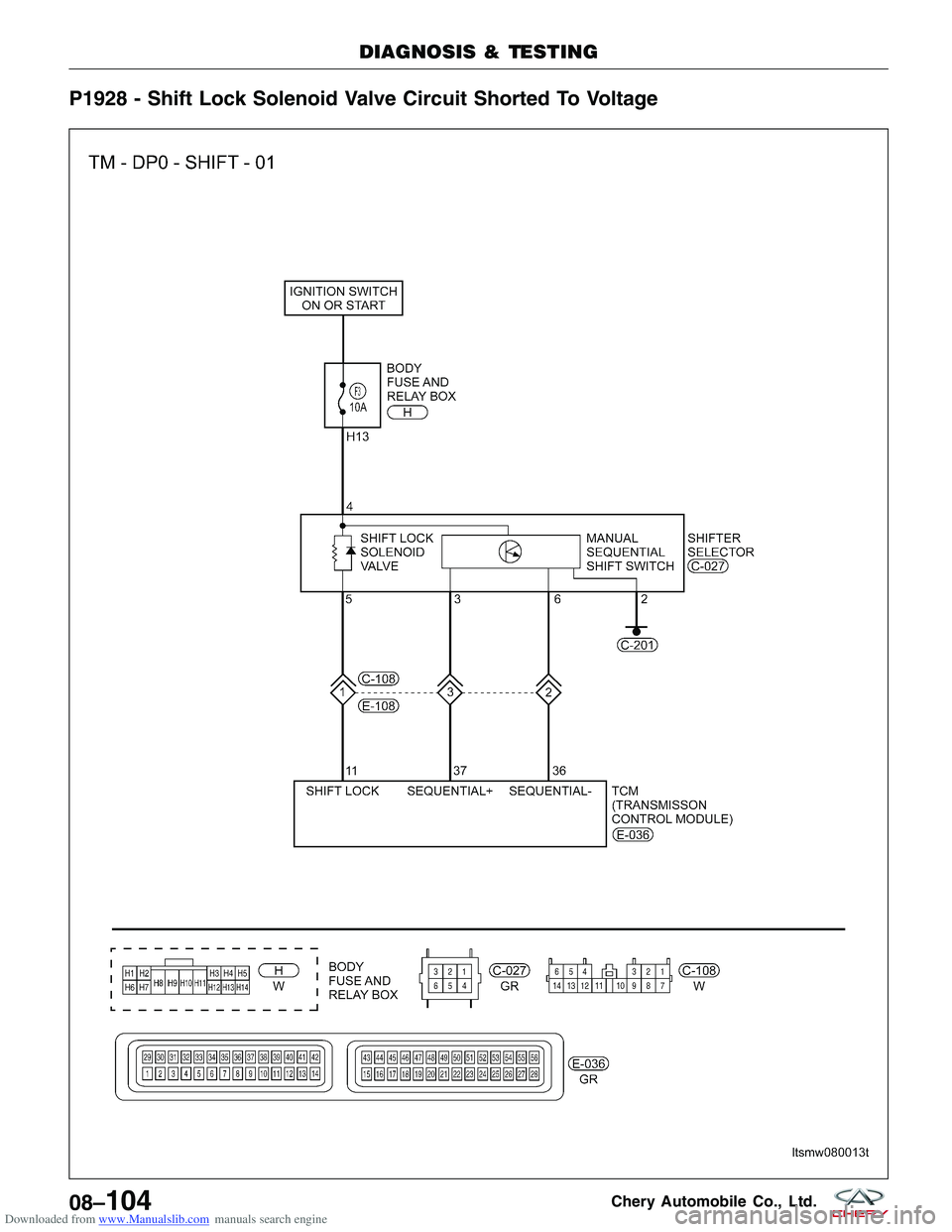 CHERY TIGGO 2009 Service Repair Manual Downloaded from www.Manualslib.com manuals search engine P1928 - Shift Lock Solenoid Valve Circuit Shorted To Voltage
DIAGNOSIS & TESTING
LTSMW080013T
08–104Chery Automobile Co., Ltd. CHERY TIGGO 2009 Service Repair Manual Downloaded from www.Manualslib.com manuals search engine P1928 - Shift Lock Solenoid Valve Circuit Shorted To Voltage
DIAGNOSIS & TESTING
LTSMW080013T
08–104Chery Automobile Co., Ltd.