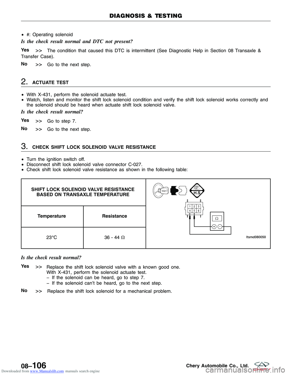 CHERY TIGGO 2009 Service Repair Manual Downloaded from www.Manualslib.com manuals search engine •#: Operating solenoid
Is the check result normal and DTC not present?
Ye s>>The condition that caused this DTC is intermittent (See Diagnost CHERY TIGGO 2009 Service Repair Manual Downloaded from www.Manualslib.com manuals search engine •#: Operating solenoid
Is the check result normal and DTC not present?
Ye s>>The condition that caused this DTC is intermittent (See Diagnost