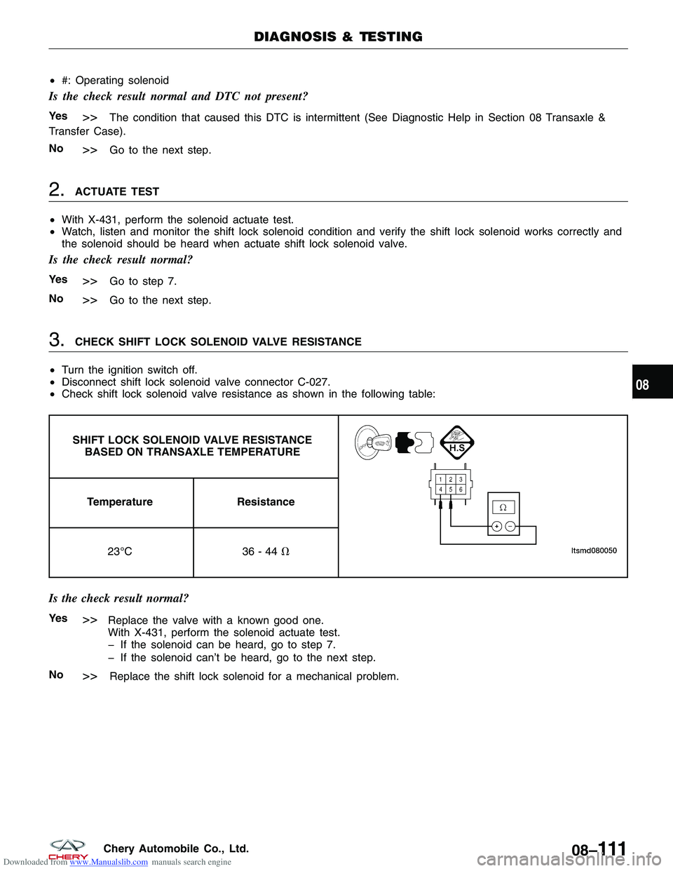 CHERY TIGGO 2009 Service Repair Manual Downloaded from www.Manualslib.com manuals search engine •#: Operating solenoid
Is the check result normal and DTC not present?
Ye s>>The condition that caused this DTC is intermittent (See Diagnost CHERY TIGGO 2009 Service Repair Manual Downloaded from www.Manualslib.com manuals search engine •#: Operating solenoid
Is the check result normal and DTC not present?
Ye s>>The condition that caused this DTC is intermittent (See Diagnost