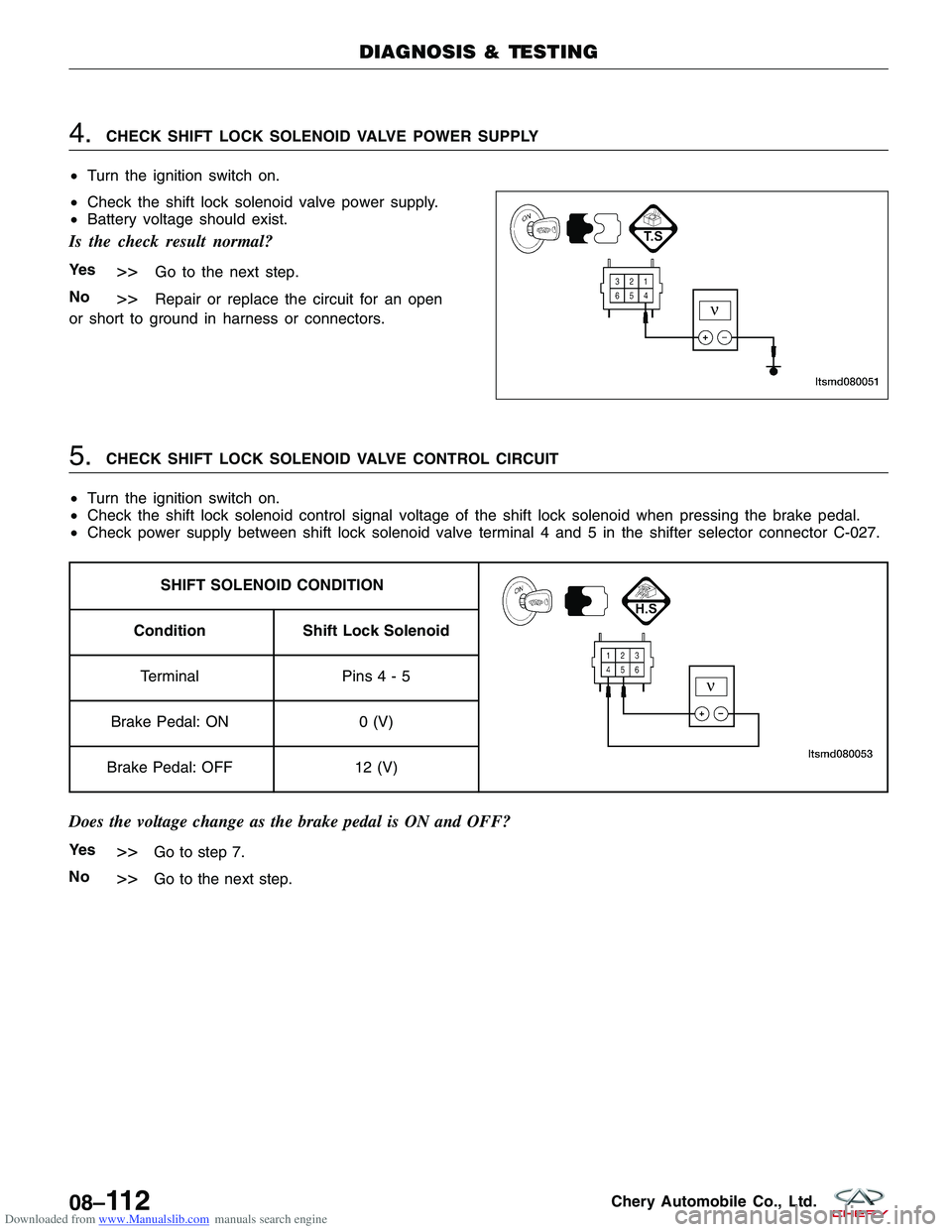 CHERY TIGGO 2009 Service Repair Manual Downloaded from www.Manualslib.com manuals search engine 4.CHECK SHIFT LOCK SOLENOID VALVE POWER SUPPLY
• Turn the ignition switch on.
• Check the shift lock solenoid valve power supply.
• Batte CHERY TIGGO 2009 Service Repair Manual Downloaded from www.Manualslib.com manuals search engine 4.CHECK SHIFT LOCK SOLENOID VALVE POWER SUPPLY
• Turn the ignition switch on.
• Check the shift lock solenoid valve power supply.
• Batte