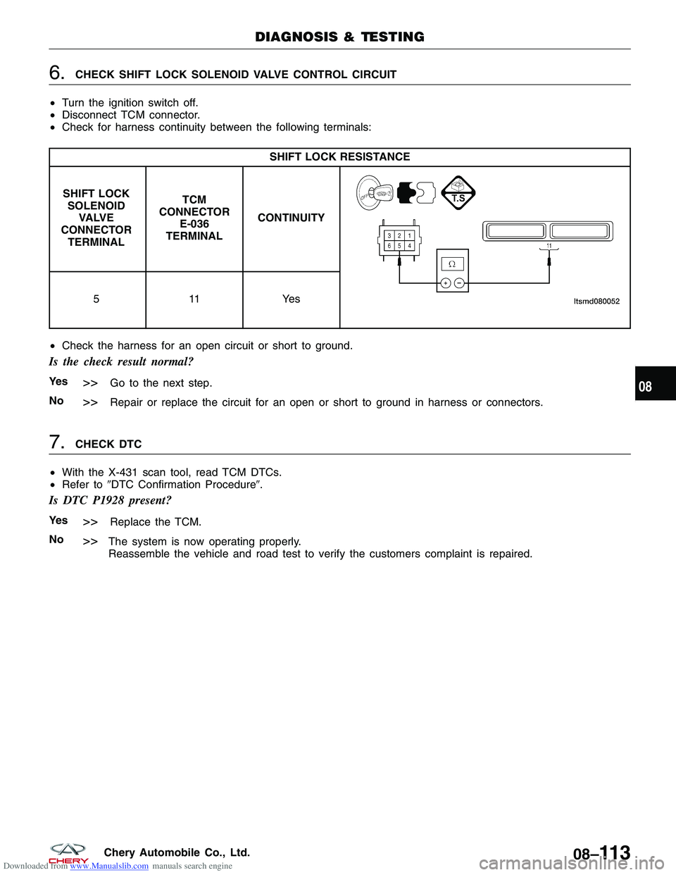 CHERY TIGGO 2009 Service Repair Manual Downloaded from www.Manualslib.com manuals search engine 6.CHECK SHIFT LOCK SOLENOID VALVE CONTROL CIRCUIT
• Turn the ignition switch off.
• Disconnect TCM connector.
• Check for harness continu CHERY TIGGO 2009 Service Repair Manual Downloaded from www.Manualslib.com manuals search engine 6.CHECK SHIFT LOCK SOLENOID VALVE CONTROL CIRCUIT
• Turn the ignition switch off.
• Disconnect TCM connector.
• Check for harness continu