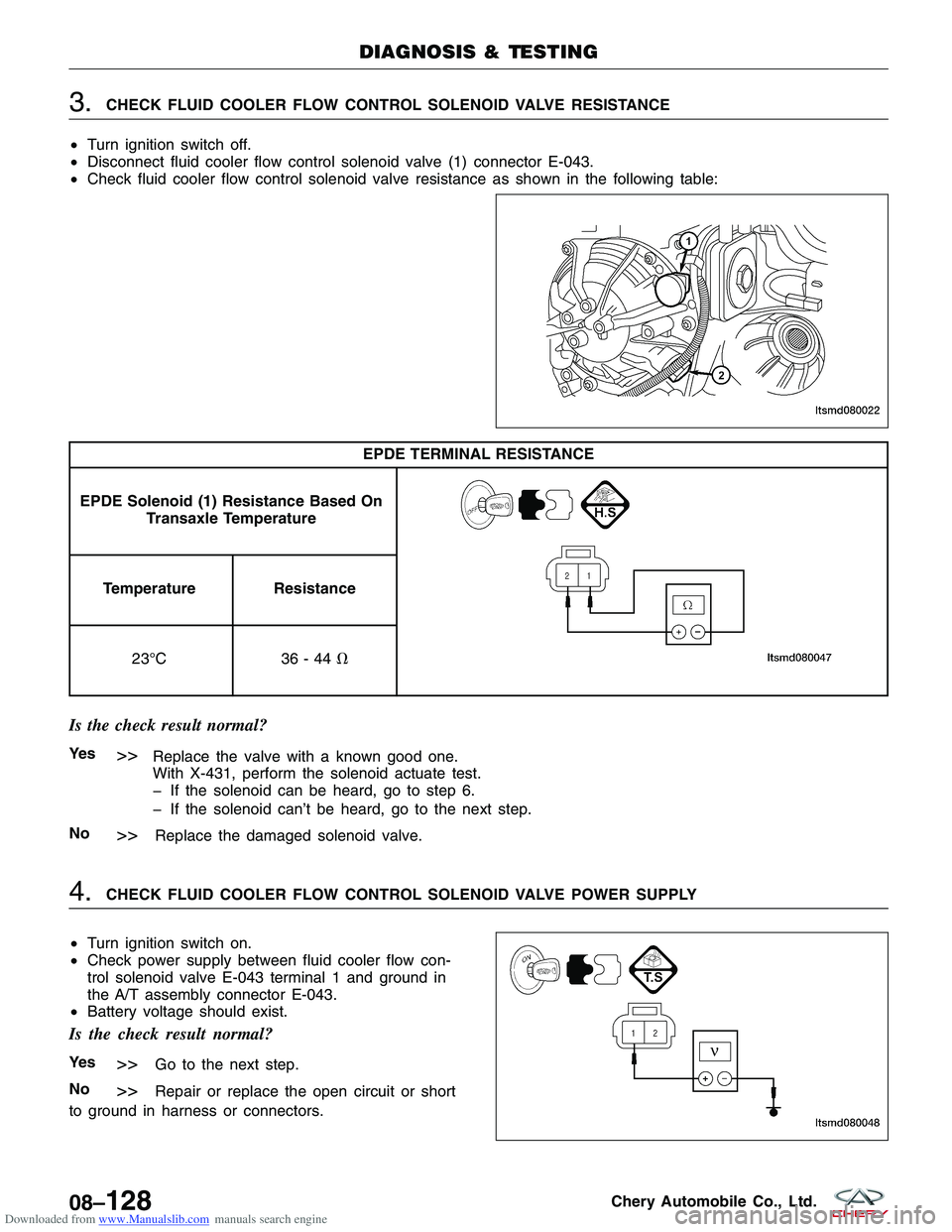 CHERY TIGGO 2009 Service Repair Manual Downloaded from www.Manualslib.com manuals search engine 3.CHECK FLUID COOLER FLOW CONTROL SOLENOID VALVE RESISTANCE
• Turn ignition switch off.
• Disconnect fluid cooler flow control solenoid val CHERY TIGGO 2009 Service Repair Manual Downloaded from www.Manualslib.com manuals search engine 3.CHECK FLUID COOLER FLOW CONTROL SOLENOID VALVE RESISTANCE
• Turn ignition switch off.
• Disconnect fluid cooler flow control solenoid val
