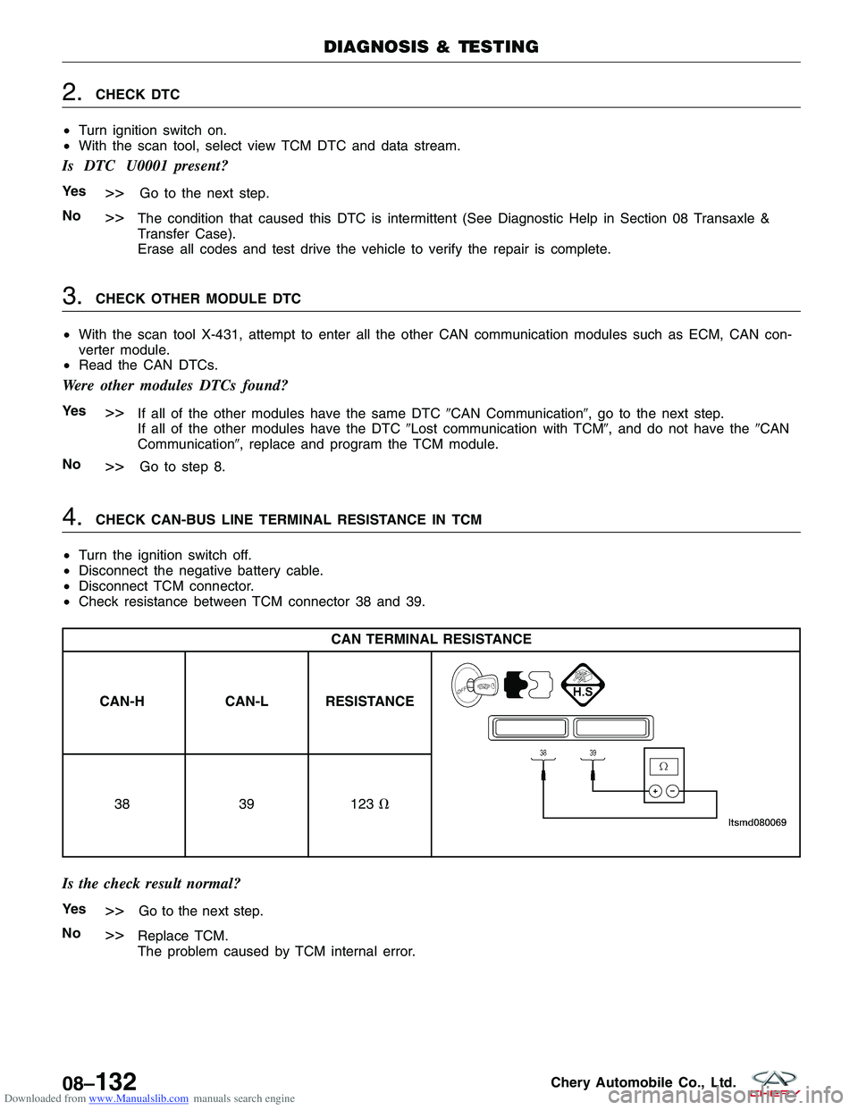 CHERY TIGGO 2009 Service Repair Manual Downloaded from www.Manualslib.com manuals search engine 2.CHECK DTC
• Turn ignition switch on.
• With the scan tool, select view TCM DTC and data stream.
Is DTC U0001 present?
Ye s>>Go to the ne CHERY TIGGO 2009 Service Repair Manual Downloaded from www.Manualslib.com manuals search engine 2.CHECK DTC
• Turn ignition switch on.
• With the scan tool, select view TCM DTC and data stream.
Is DTC U0001 present?
Ye s>>Go to the ne