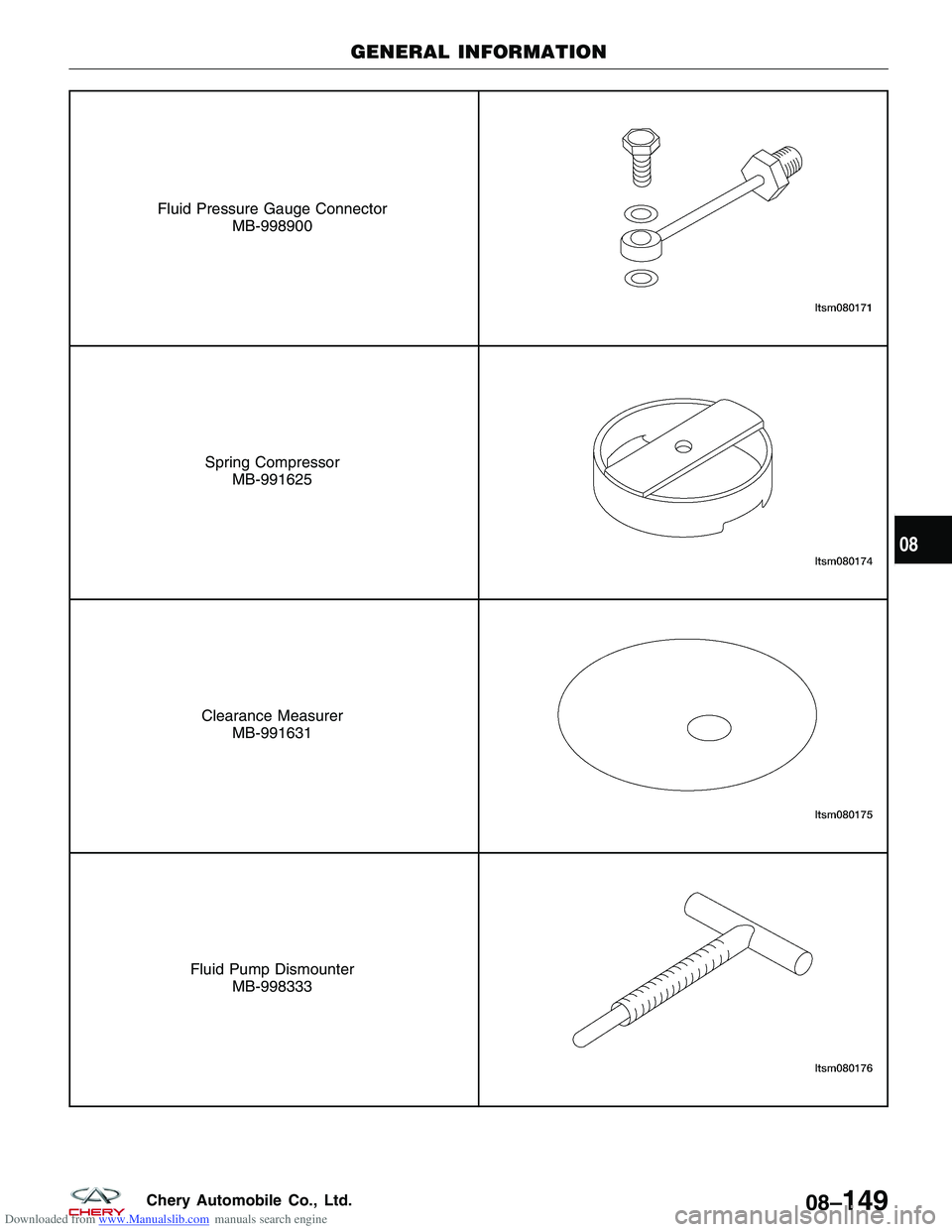 CHERY TIGGO 2009  Service Repair Manual Downloaded from www.Manualslib.com manuals search engine Fluid Pressure Gauge ConnectorMB-998900
Spring CompressorMB-991625
Clearance Measurer MB-991631
Fluid Pump Dismounter MB-998333
GENERAL INFORMA