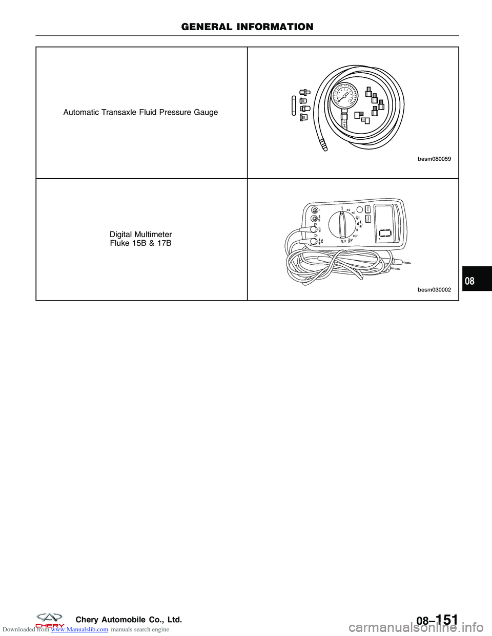 CHERY TIGGO 2009  Service Repair Manual Downloaded from www.Manualslib.com manuals search engine Automatic Transaxle Fluid Pressure Gauge
Digital MultimeterFluke 15B & 17B
GENERAL INFORMATION
08
08–151Chery Automobile Co., Ltd.  