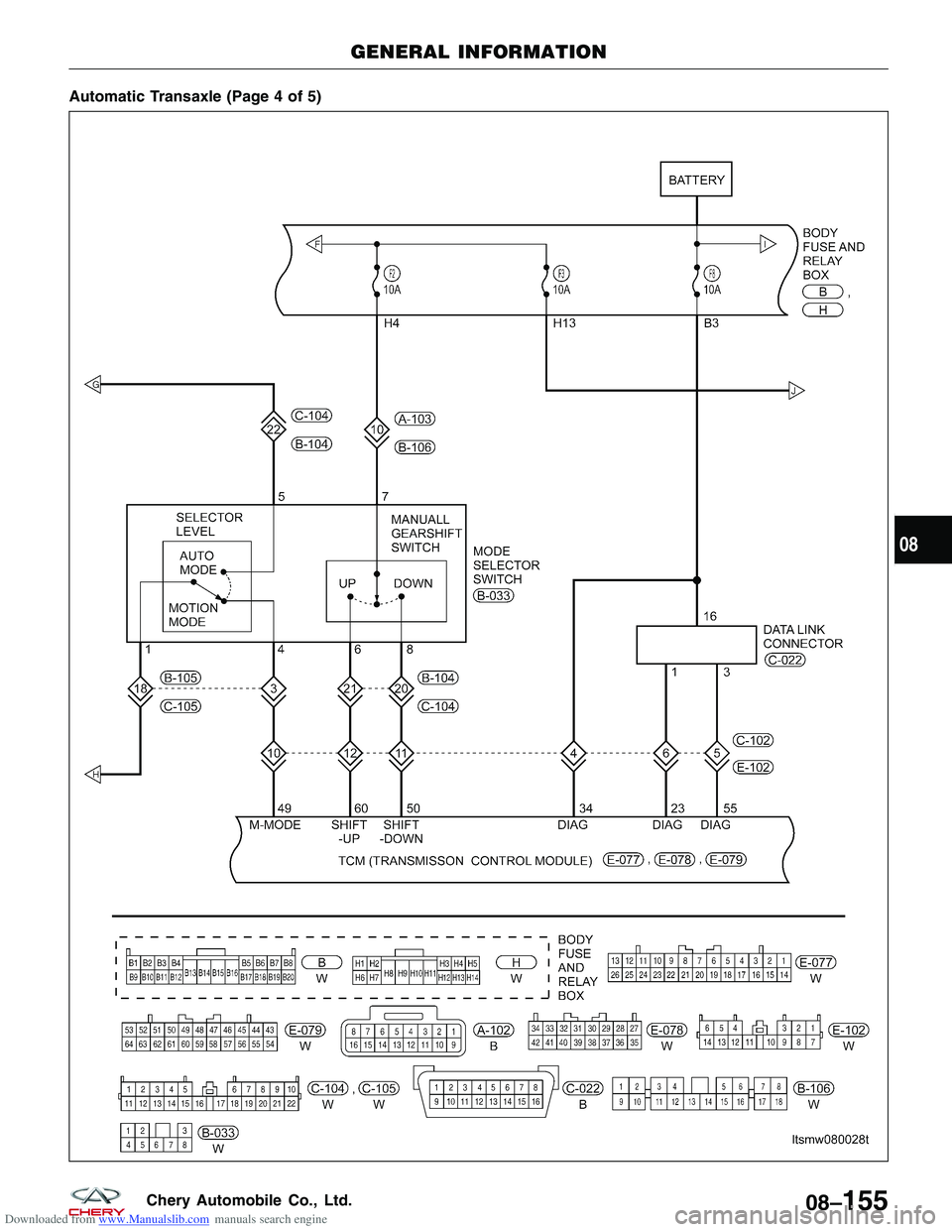 CHERY TIGGO 2009  Service Repair Manual Downloaded from www.Manualslib.com manuals search engine Automatic Transaxle (Page 4 of 5)
GENERAL INFORMATION
LTSMW080028T
08
08–155Chery Automobile Co., Ltd.  