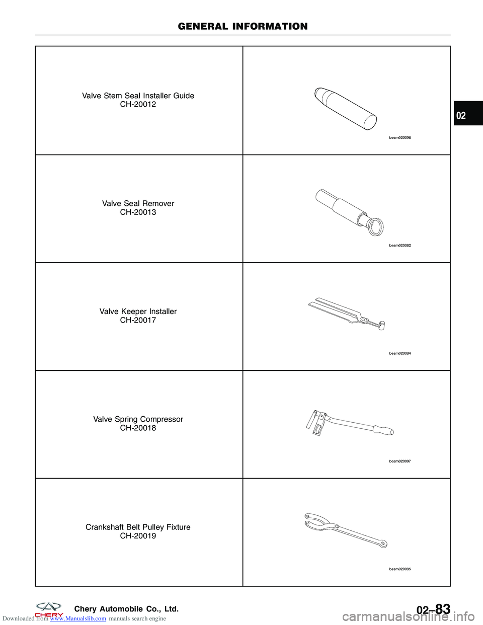 CHERY TIGGO 2009 Service Repair Manual Downloaded from www.Manualslib.com manuals search engine Valve Stem Seal Installer GuideCH-20012
Valve Seal RemoverCH-20013
Valve Keeper Installer CH-20017
Valve Spring Compressor CH-20018
Crankshaft CHERY TIGGO 2009 Service Repair Manual Downloaded from www.Manualslib.com manuals search engine Valve Stem Seal Installer GuideCH-20012
Valve Seal RemoverCH-20013
Valve Keeper Installer CH-20017
Valve Spring Compressor CH-20018
Crankshaft
