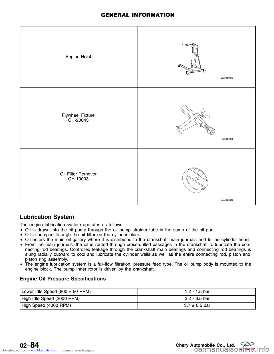 CHERY TIGGO 2009  Service Repair Manual Downloaded from www.Manualslib.com manuals search engine Engine Hoist
Flywheel FixtureCH-20043
Oil Filter Remover CH-10003
Lubrication System
The engine lubrication system operates as follows:
•Oil 