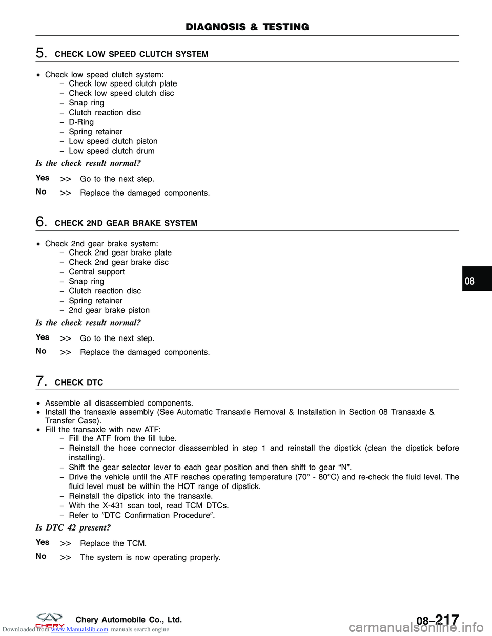 CHERY TIGGO 2009  Service Repair Manual Downloaded from www.Manualslib.com manuals search engine 5.CHECK LOW SPEED CLUTCH SYSTEM
• Check low speed clutch system:
� Check low speed clutch plate
� Check low speed clutch disc
� Snap ring
� C