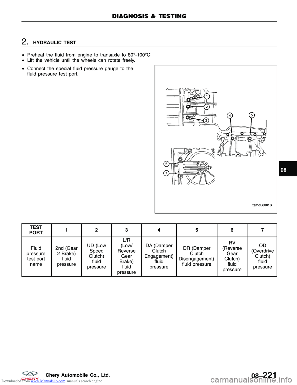 CHERY TIGGO 2009 Service Repair Manual Downloaded from www.Manualslib.com manuals search engine 2.HYDRAULIC TEST
• Preheat the fluid from engine to transaxle to 80°-100°C.
• Lift the vehicle until the wheels can rotate freely.
• Co CHERY TIGGO 2009 Service Repair Manual Downloaded from www.Manualslib.com manuals search engine 2.HYDRAULIC TEST
• Preheat the fluid from engine to transaxle to 80°-100°C.
• Lift the vehicle until the wheels can rotate freely.
• Co