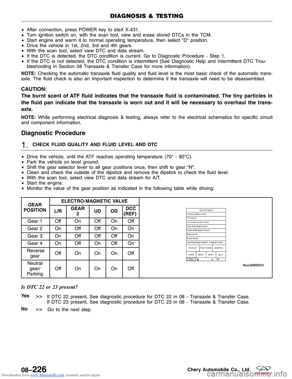 CHERY TIGGO 2009 Service Repair Manual Downloaded from www.Manualslib.com manuals search engine •After connection, press POWER key to start X-431.
• Turn ignition switch on, with the scan tool, view and erase stored DTCs in the TCM.
CHERY TIGGO 2009 Service Repair Manual Downloaded from www.Manualslib.com manuals search engine •After connection, press POWER key to start X-431.
• Turn ignition switch on, with the scan tool, view and erase stored DTCs in the TCM.