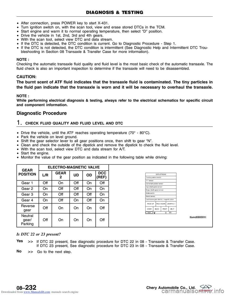CHERY TIGGO 2009  Service Repair Manual Downloaded from www.Manualslib.com manuals search engine •After connection, press POWER key to start X-431.
• Turn ignition switch on, with the scan tool, view and erase stored DTCs in the TCM.
