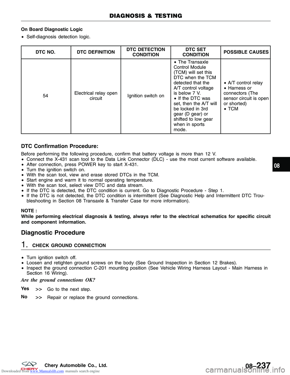 CHERY TIGGO 2009  Service Owners Manual Downloaded from www.Manualslib.com manuals search engine On Board Diagnostic Logic
•Self-diagnosis detection logic.
DTC NO. DTC DEFINITION DTC DETECTION
CONDITION DTC SET
CONDITION POSSIBLE CAUSES
5