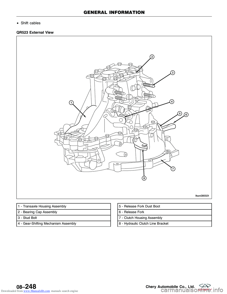 CHERY TIGGO 2009  Service Repair Manual Downloaded from www.Manualslib.com manuals search engine •Shift cables
QR523 External View
1 - Transaxle Housing Assembly
2 - Bearing Cap Assembly
3 - Stud Bolt
4 - Gear-Shifting Mechanism Assembly5