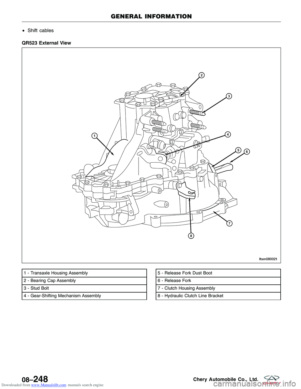 CHERY TIGGO 2009 Service Repair Manual Downloaded from www.Manualslib.com manuals search engine •Shift cables
QR523 External View
1 - Transaxle Housing Assembly
2 - Bearing Cap Assembly
3 - Stud Bolt
4 - Gear-Shifting Mechanism Assembly5 CHERY TIGGO 2009 Service Repair Manual Downloaded from www.Manualslib.com manuals search engine •Shift cables
QR523 External View
1 - Transaxle Housing Assembly
2 - Bearing Cap Assembly
3 - Stud Bolt
4 - Gear-Shifting Mechanism Assembly5