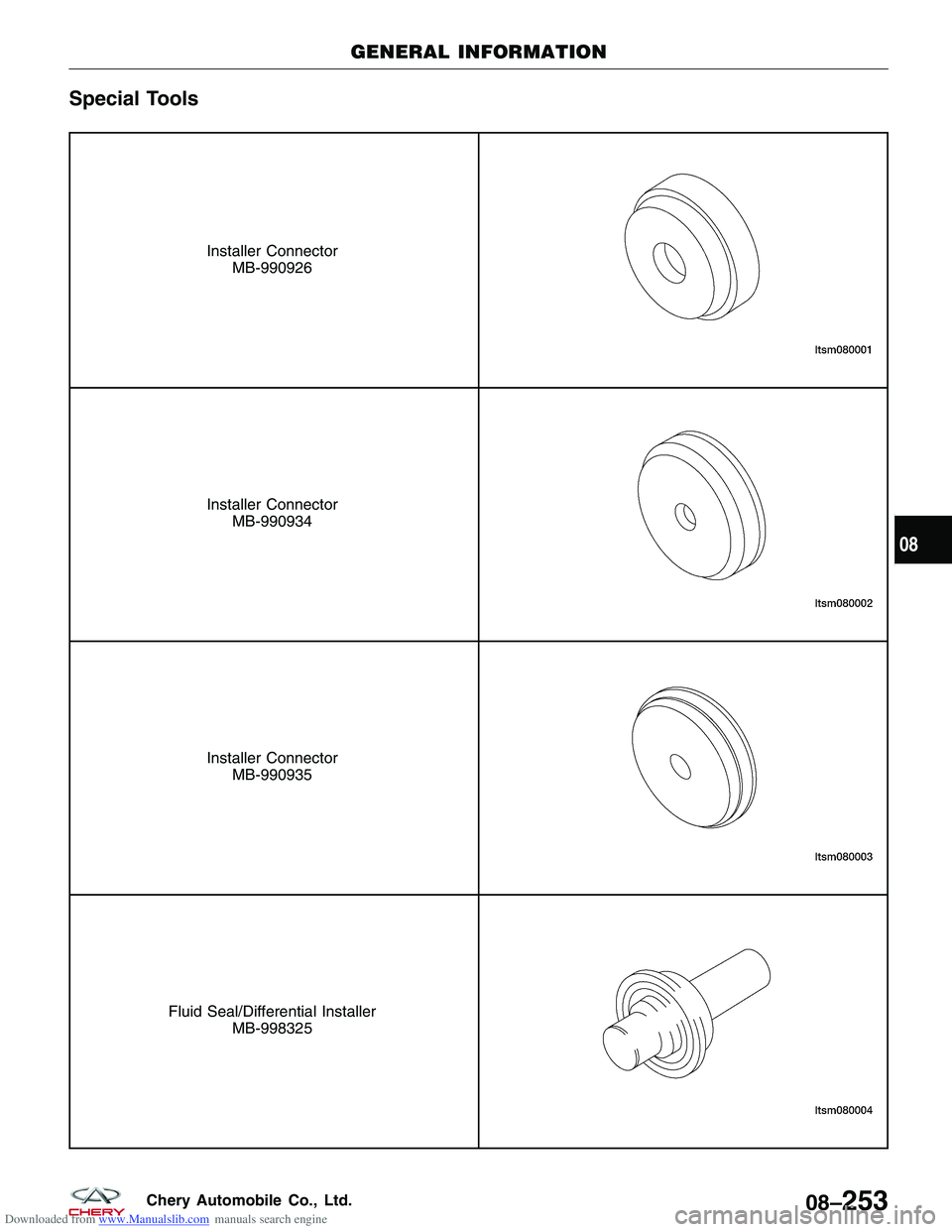CHERY TIGGO 2009 Service Repair Manual Downloaded from www.Manualslib.com manuals search engine Special Tools
Installer ConnectorMB-990926
Installer ConnectorMB-990934
Installer ConnectorMB-990935
Fluid Seal/Differential Installer MB-99832 CHERY TIGGO 2009 Service Repair Manual Downloaded from www.Manualslib.com manuals search engine Special Tools
Installer ConnectorMB-990926
Installer ConnectorMB-990934
Installer ConnectorMB-990935
Fluid Seal/Differential Installer MB-99832
